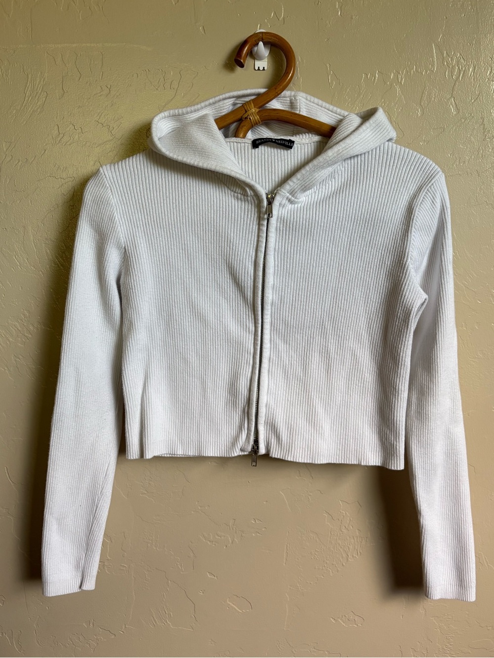 Brandy Melville White Zip Up Hoodie Ribbed Sweater Jacket Cropped One Size Basic